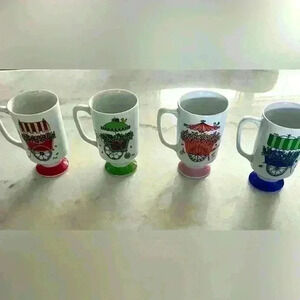 4 piece set vintage Royal Crown  Smug Mug Arnart Renoir floral pedestal mugs.